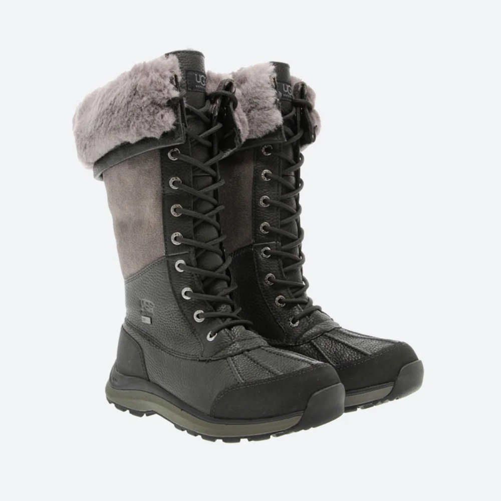 UGG Women's Black and Gray Lace-Up Winter Rain Boots with Faux Fur Cuff